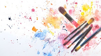 Fototapeta premium Watercolor Paintbrushes Resting on a Colorful Splashed Canvas