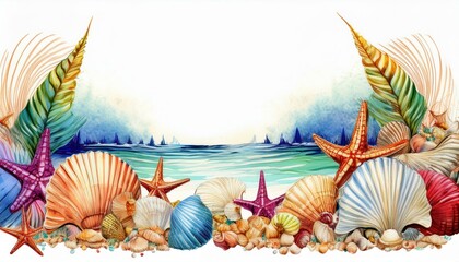 Obraz premium summer background with sea shells and starfish border on white backgrounds; travel concept; copy space
