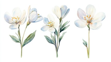Fototapeta premium Charming watercolor meadow flowers in soft pastel shades, hand-painted botanical art, isolated on white