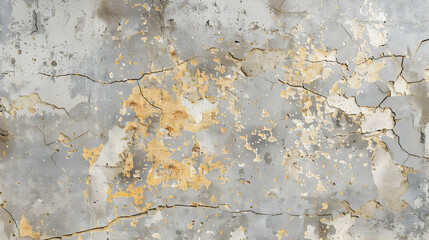 Obraz premium Cracked and peeling wall texture with golden accents, showcasing age and wear in a neutral setting