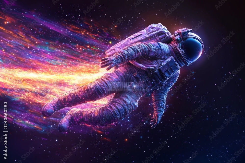 Poster astronaut gliding through colorful space with vibrant trails of light at high speed