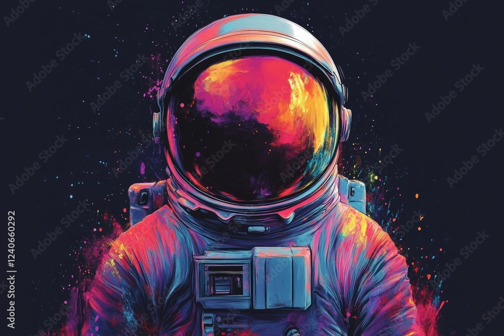 Poster colorful astronaut in vibrant cosmic background with swirling colors and abstract elements represent