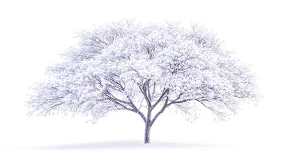 Snow-covered winter tree standing alone, isolated on a white background, with branches dusted in fresh snow