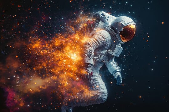 Astronaut floating in space surrounded by colorful cosmic explosions and stellar formations