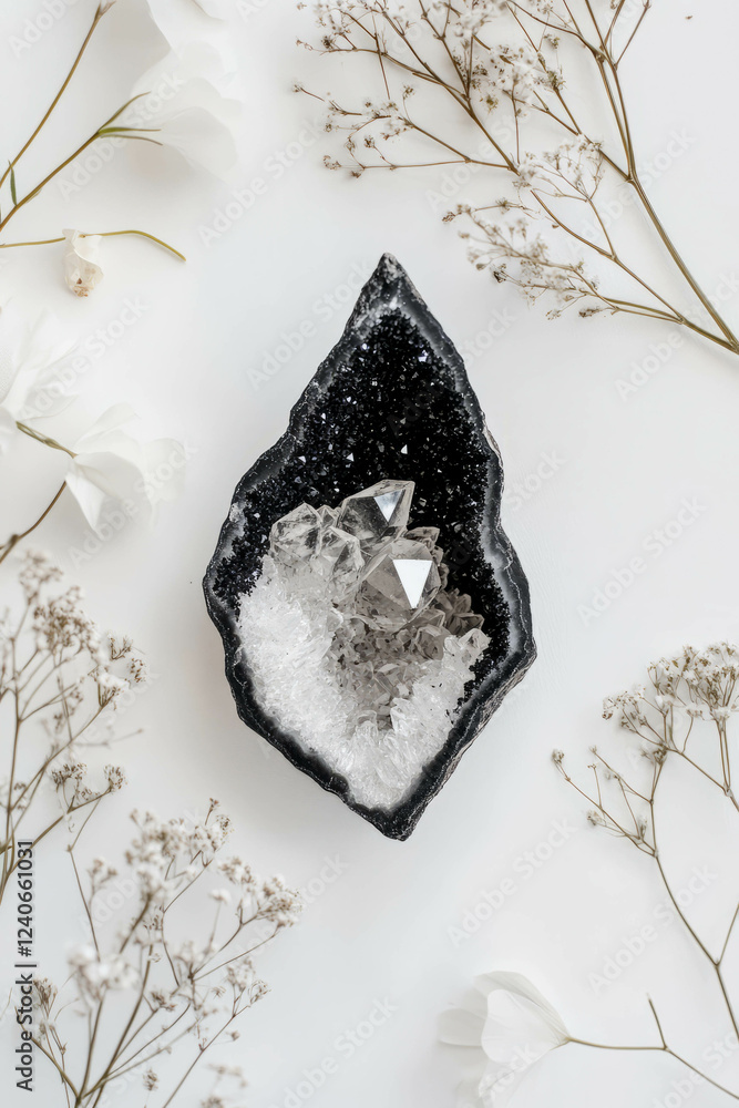 Aufkleber exploring minimalist design with crystal geode and floral elements on a white background