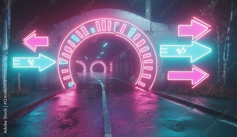 Poster visual representation of an arrow moving swiftly, with a light trail glowing in blue and pink agains