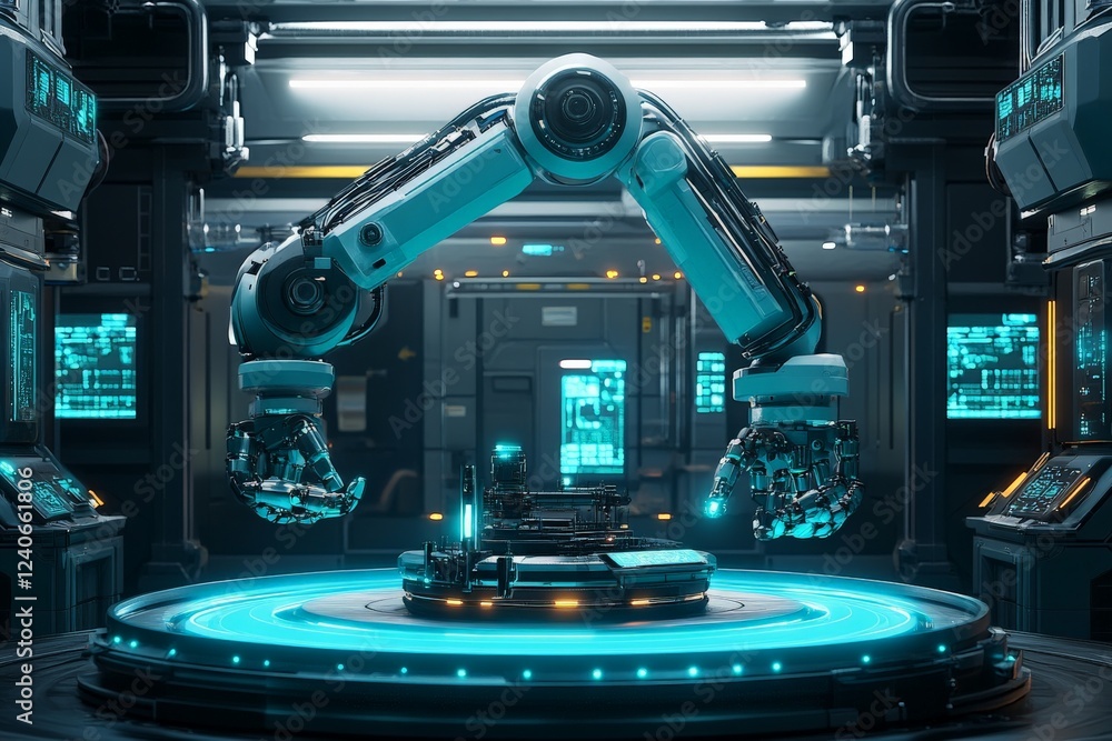 Poster robotic arm in a futuristic lab setting performing precision tasks with glowing interfaces