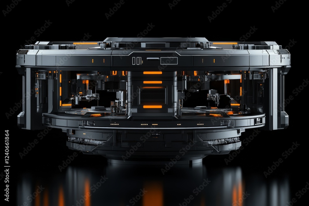 Fototapete Futuristic technology hub featuring intricate design and glowing elements in a dark setting