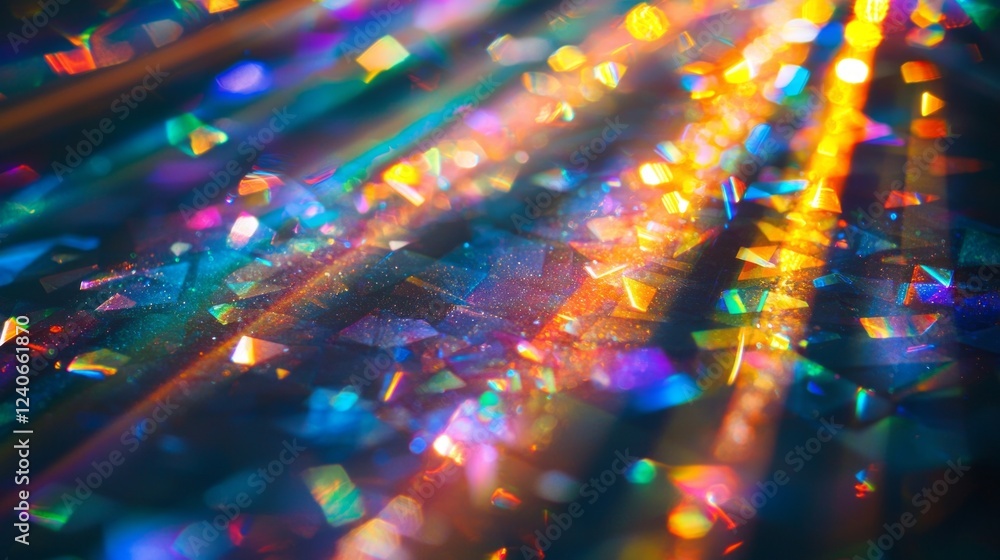 Poster waves of light cascade through shimmering prisms, casting a kaleidoscope of colors across the surfac