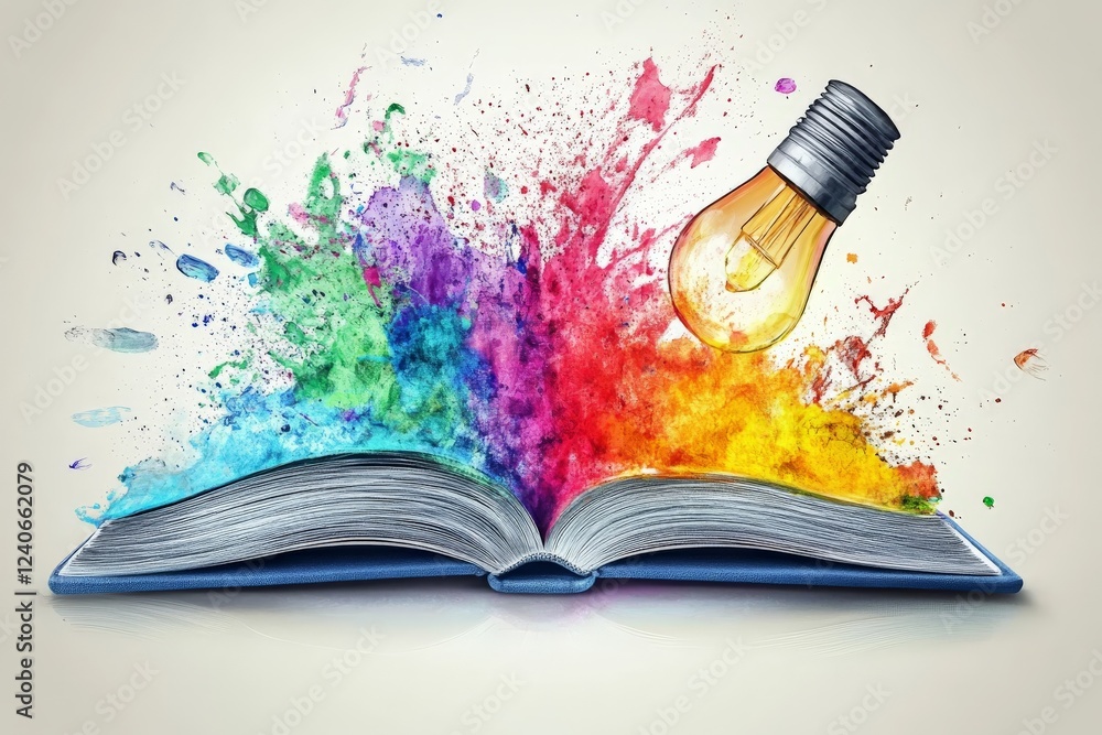 Poster Creative explosion of colors and ideas from an open book with a light bulb in a vibrant display