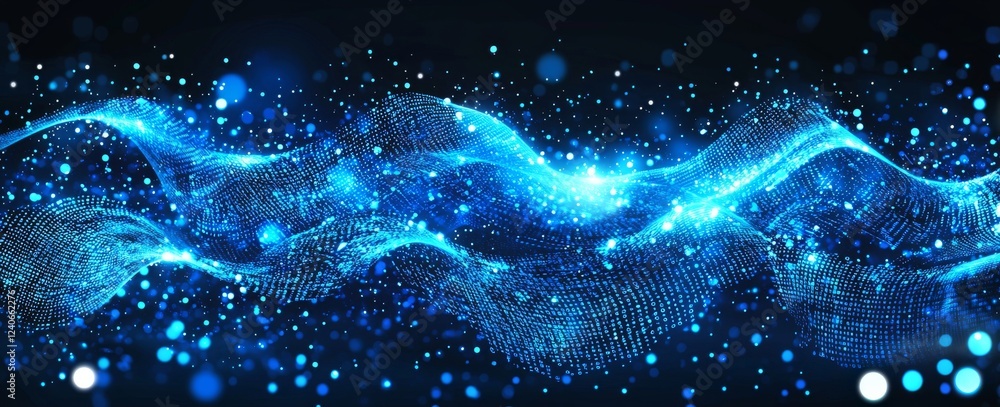 Poster a futuristic image of binary code streaming in a blue digital data flow, illustrating the essence of