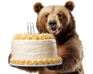 bear with silly grin joyfully holding giant birthday cake with candles. This whimsical scene captures fun and excitement of celebration