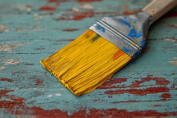 Fototapeta premium Brush covered in bright yellow paint rests on distressed wooden surface with colorful paint splatters and weathered textures