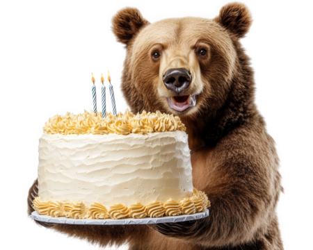 bear with silly grin joyfully holding giant birthday cake with candles. This whimsical scene captures fun and excitement of celebration - Powered by Adobe