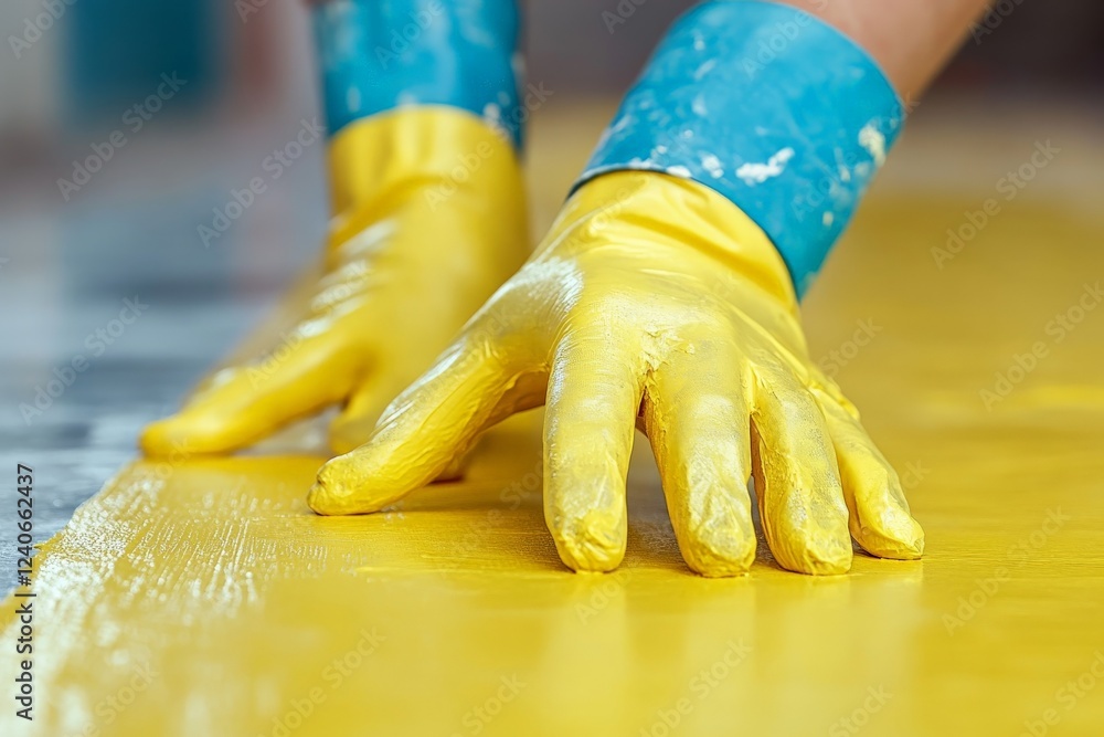 Poster hands applying bright yellow paint on a surface in a creative workspace during a sunny afternoon