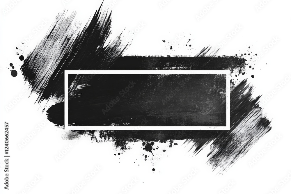 Poster abstract black and white texture with dynamic brush strokes and a rectangular frame suitable for art