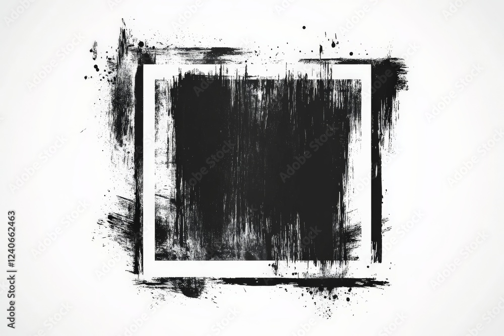Poster bold black and white abstract art featuring textured brush strokes around a square border