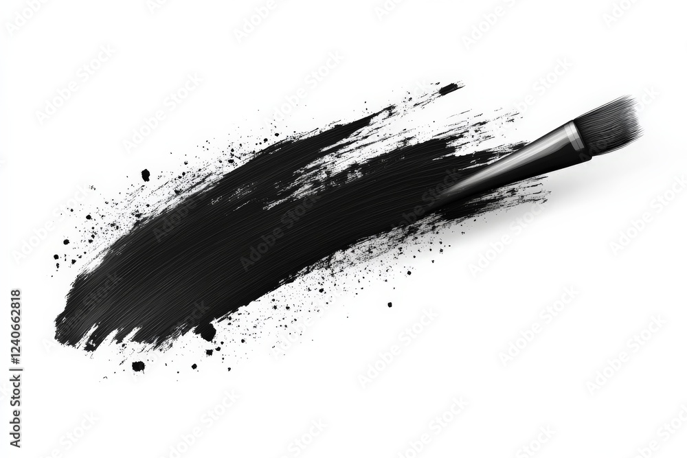Poster brush creating a bold black stroke on a blank canvas with splatters of paint