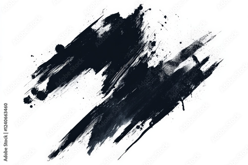 Poster Abstract black paint splashes create dynamic visual energy on a white background for artistic expression