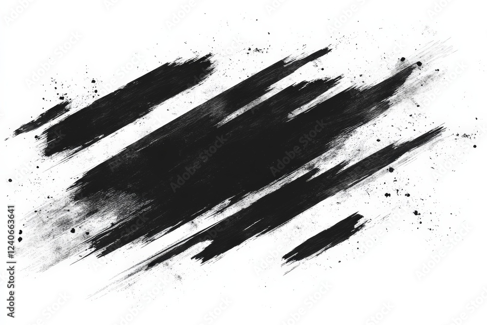 Fototapete Black paint splashes and strokes create a bold abstract artwork on a white background showcasing texture and movement