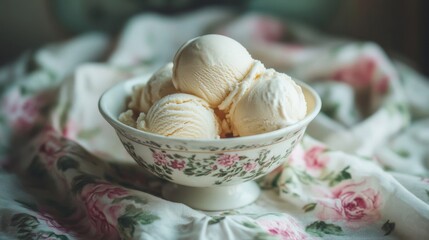 Fototapeta premium Vanilla Ice Cream Scoops in Floral Bowl