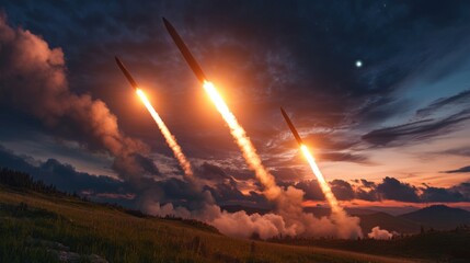 A missile defense system firing energy-based interceptors into the sky, leaving glowing trails behind