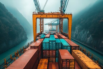 Futuristic container ship equipped with colorful cargo sailing through a misty canal

