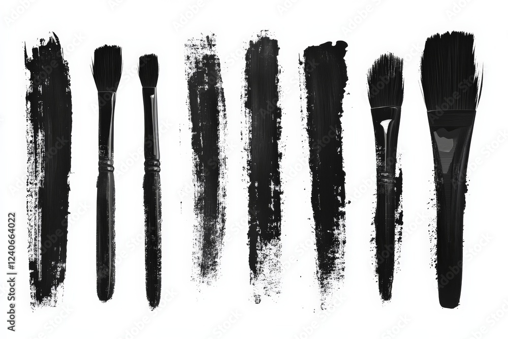 Poster various brushes and strokes of black paint on white background showcase artistic tools and technique