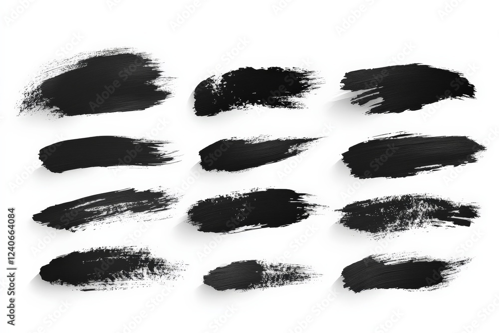 Poster various black paint strokes arranged artistically on a clean white background in an abstract style