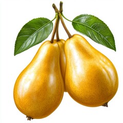 Detailed Illustration of Two Ripe Yellow Pears with Green Leaves