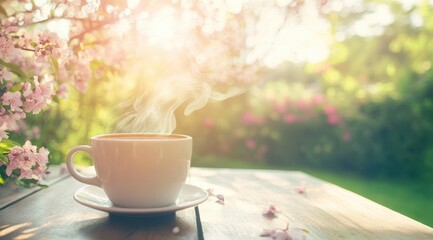 Tranquil Morning Scene with Steam Rising from Coffee Cup Outdoors