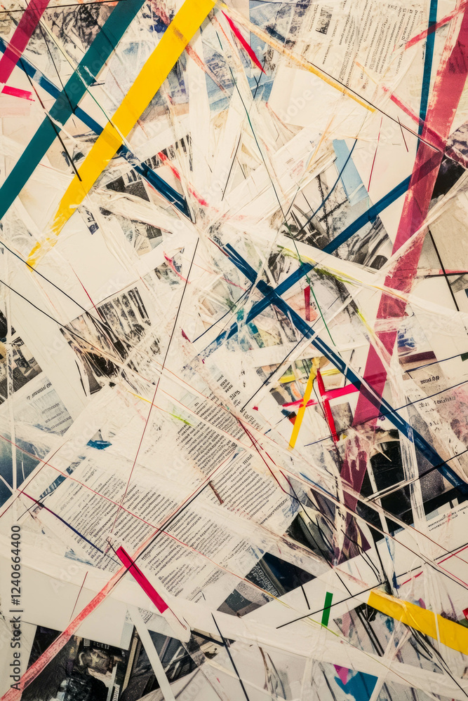 Poster Minimalistic mixed media abstract collage featuring intersecting lines and colorful textures