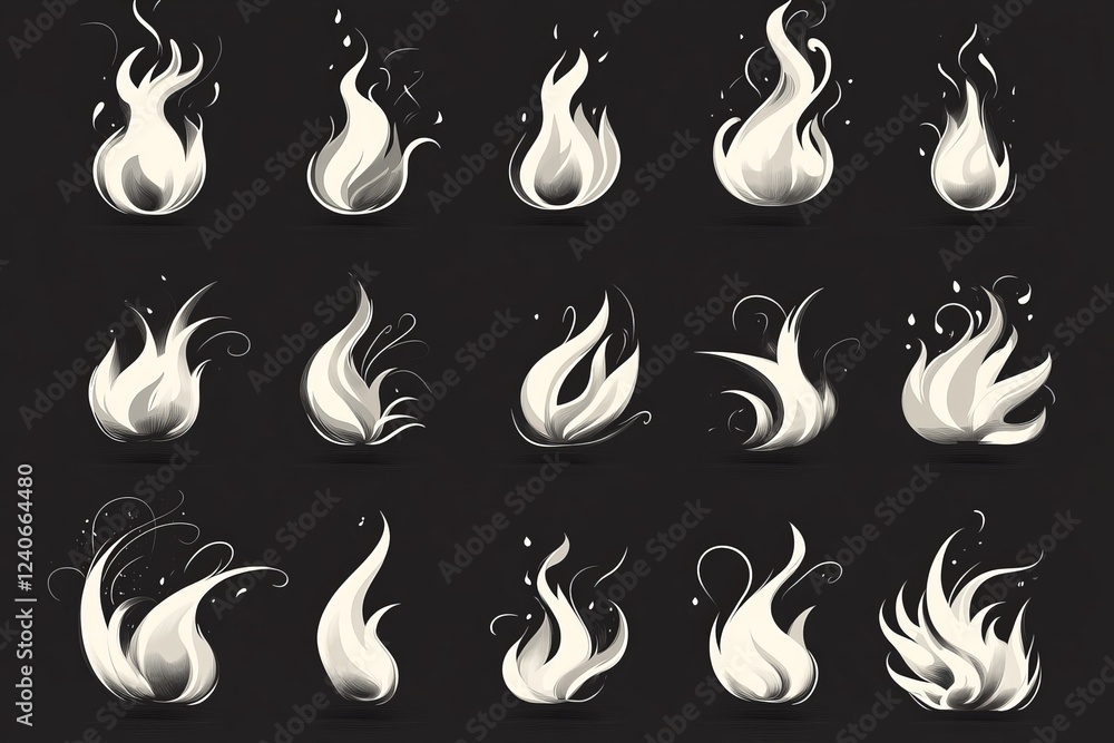Aufkleber various artistic representations of fire in different shapes and styles on a dark background showcas