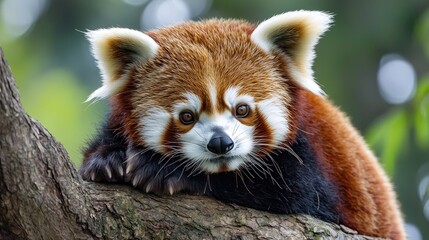 Playful Red Panda Resting on Tree Branch Close Up