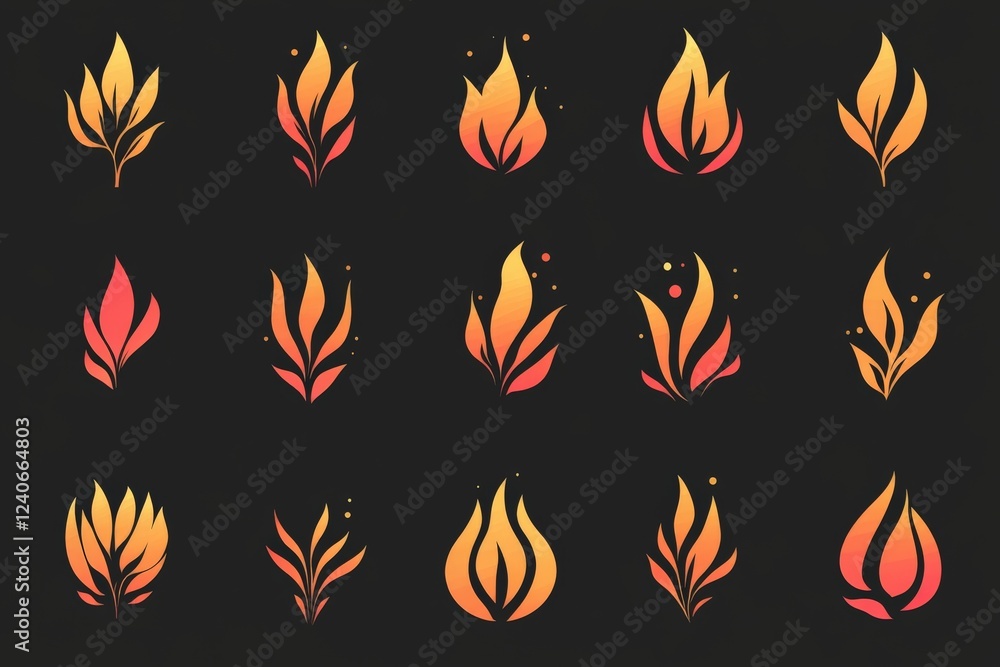 Aufkleber decorative flame designs in various styles and colors on a dark background for artistic projects