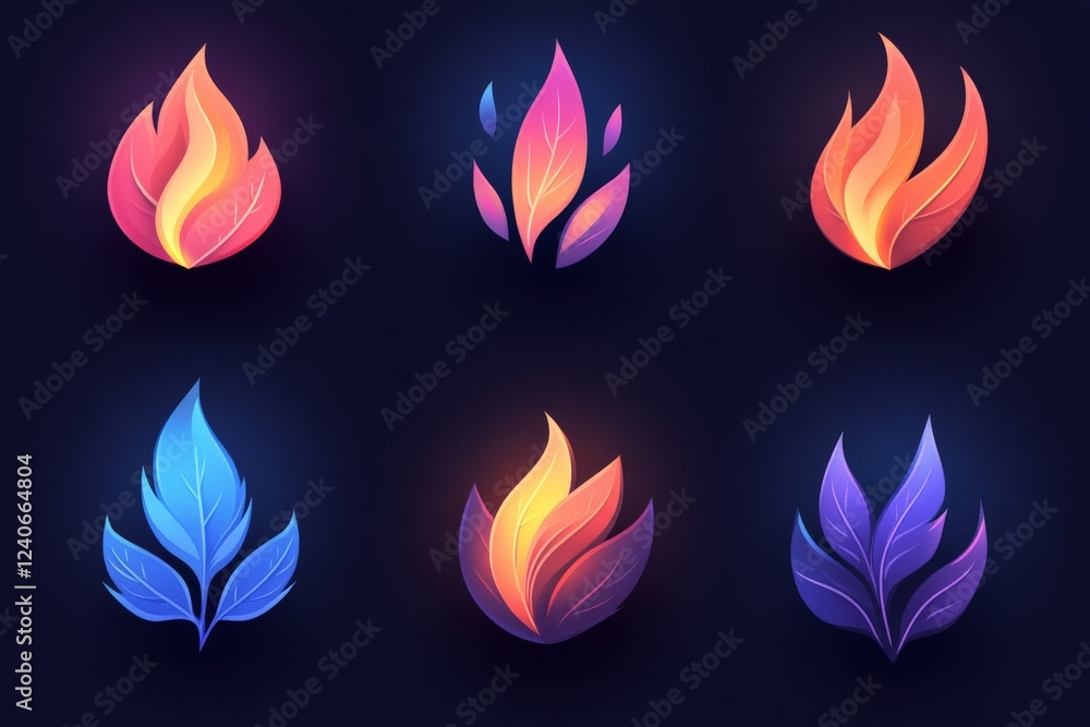 Poster colorful abstract representations of fire and foliage in gradient designs suitable for digital art a