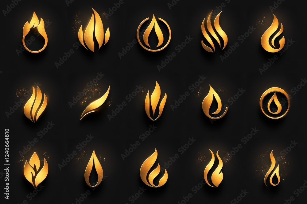 Poster golden flame and water droplet symbols on a dark background showcase elegance and design versatility