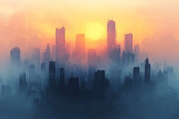 Sunrise over a city skyline with mist and vibrant colors filling the sky