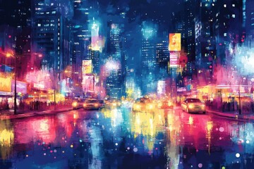 Nighttime city street illuminated by colorful lights and reflections with busy traffic