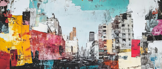 Cityscape collage featuring vibrant textures and playful layers in mixed media style