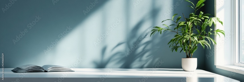 Poster serene indoor space with a plant on a white table beside a window in afternoon light. generative ai