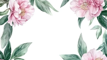 Fototapeta premium Romantic watercolor floral frame with soft pink peonies and delicate green leaves, artistic illustration, isolated on white