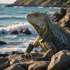  Iguana Sunbathing on a Rocky Shore. Iguana on the rocks. 