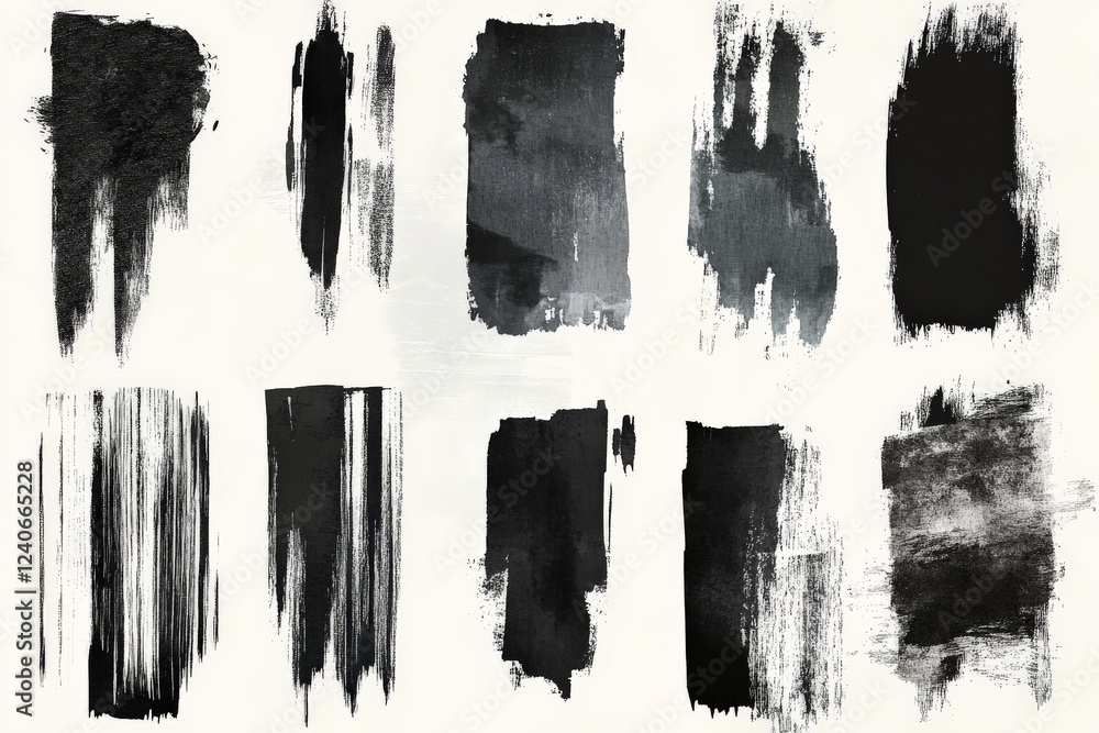 Poster various textured black brush strokes on a white background expressing artistic creativity and boldne
