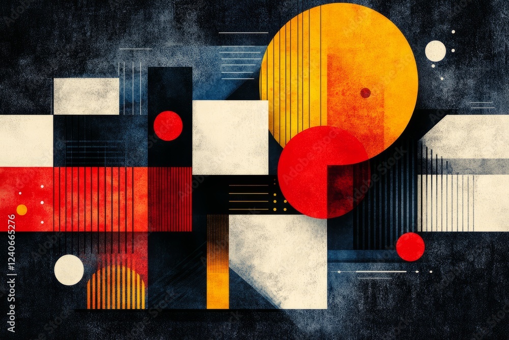 Poster geometric abstraction using vibrant colors and textured shapes, suggesting a sense of energy and dyn