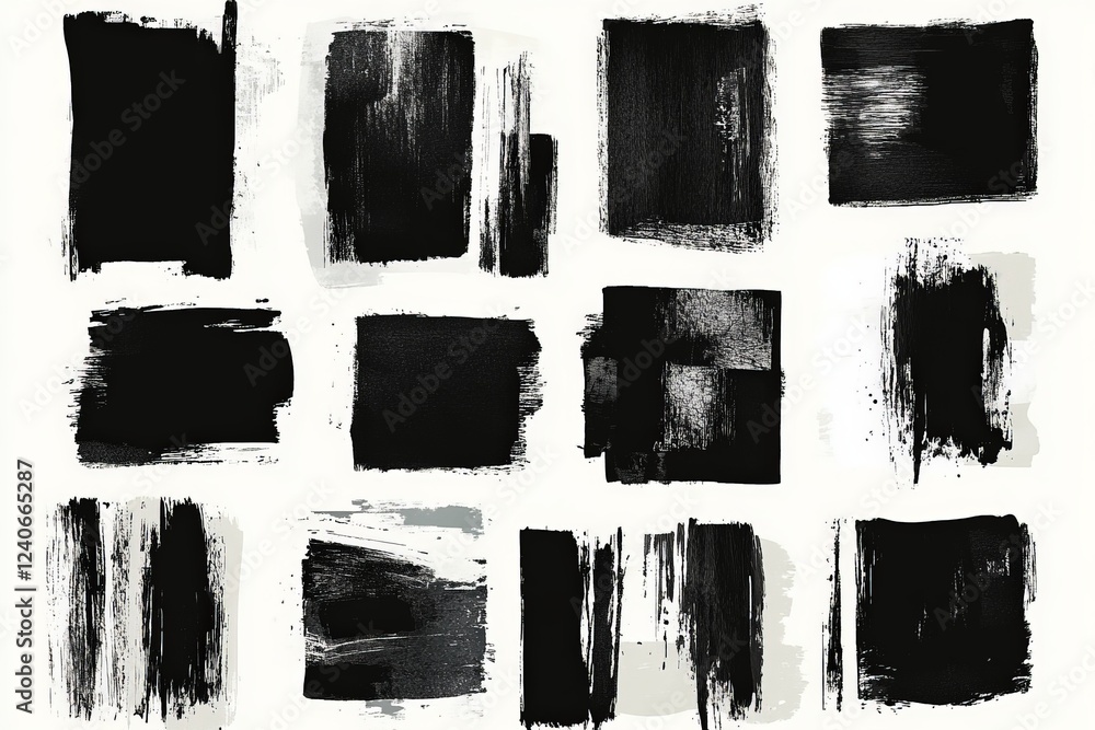 Poster Black paint strokes arranged in a grid pattern on a white background showcasing artistic techniques and textures