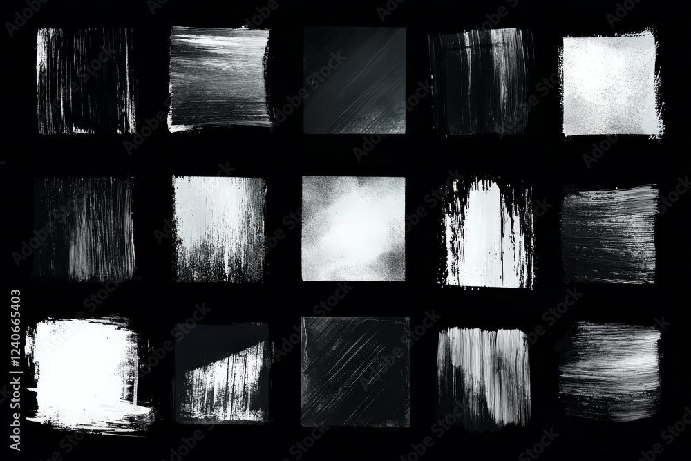 Poster abstract arrangement of monochrome brush strokes on a dark background showcasing artistic expression