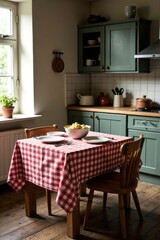 Rustic wooden kitchen table, checkered tablecloth , design, lunch, food