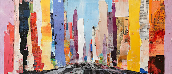 Minimalistic mixed media collage showcasing a vibrant cityscape in textured colors