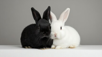 Obraz premium A pair of bunnies with contrasting fur colors, one black and one white, sitting side by side on a white surface